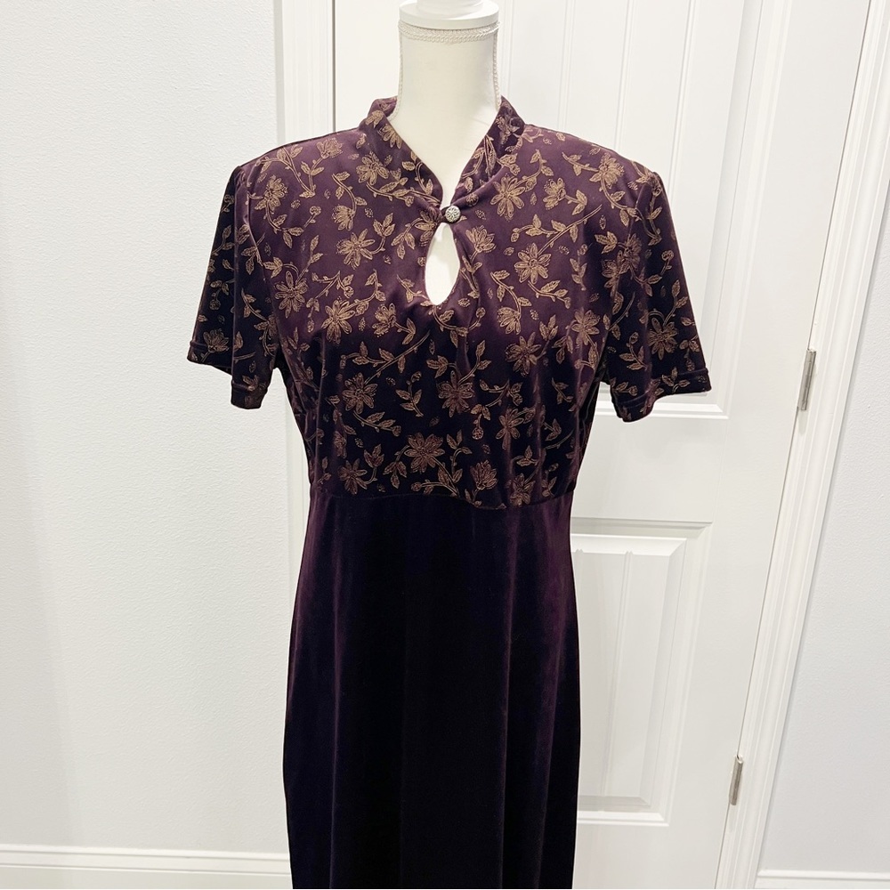 Caroline Wells Women's 16 Maxi Velour Dress Purple Gold Floral Holiday Party - Picture 2 of 11